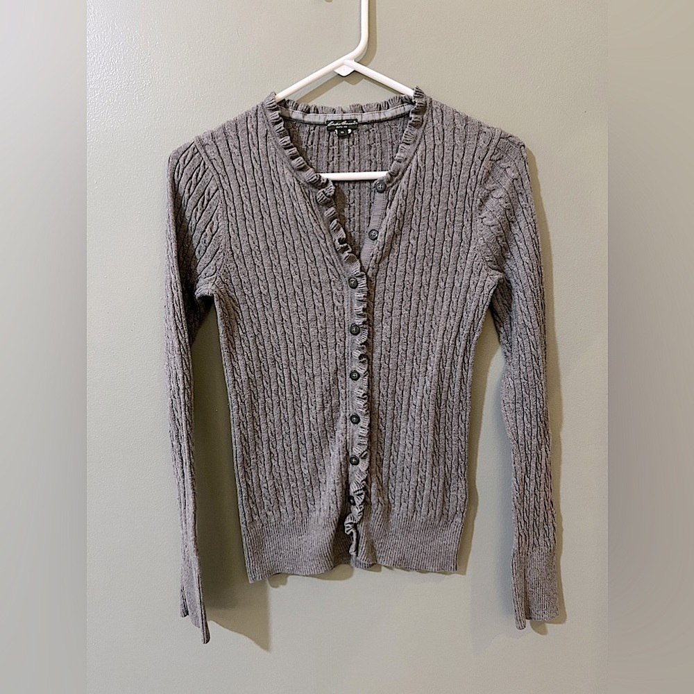Eddie Bauer Cardigan Women’s Small Button Up Sweater Ruffle grey size XS